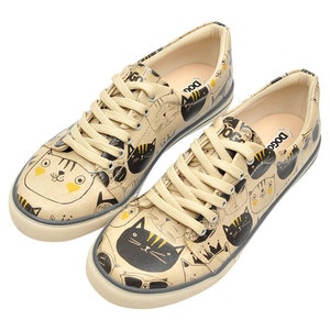 DOGO, Custom Sneakers, Platform Sneakers, Cat Printed Shoes, One Piece Sneakers, Women Sneakers, Leather Lace Up Shoes, Monochrome Cats