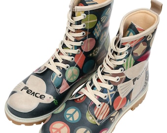 Peace Design Printed Lace Up Boots, Vegan Leather, Handmade