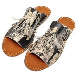 DOGO, New Pine Don&#39;t Give Up Design, Women Black Slippers, Custom Shoes, Women Summer Shoes, Open Toe Slippers, Printed Shoes,
