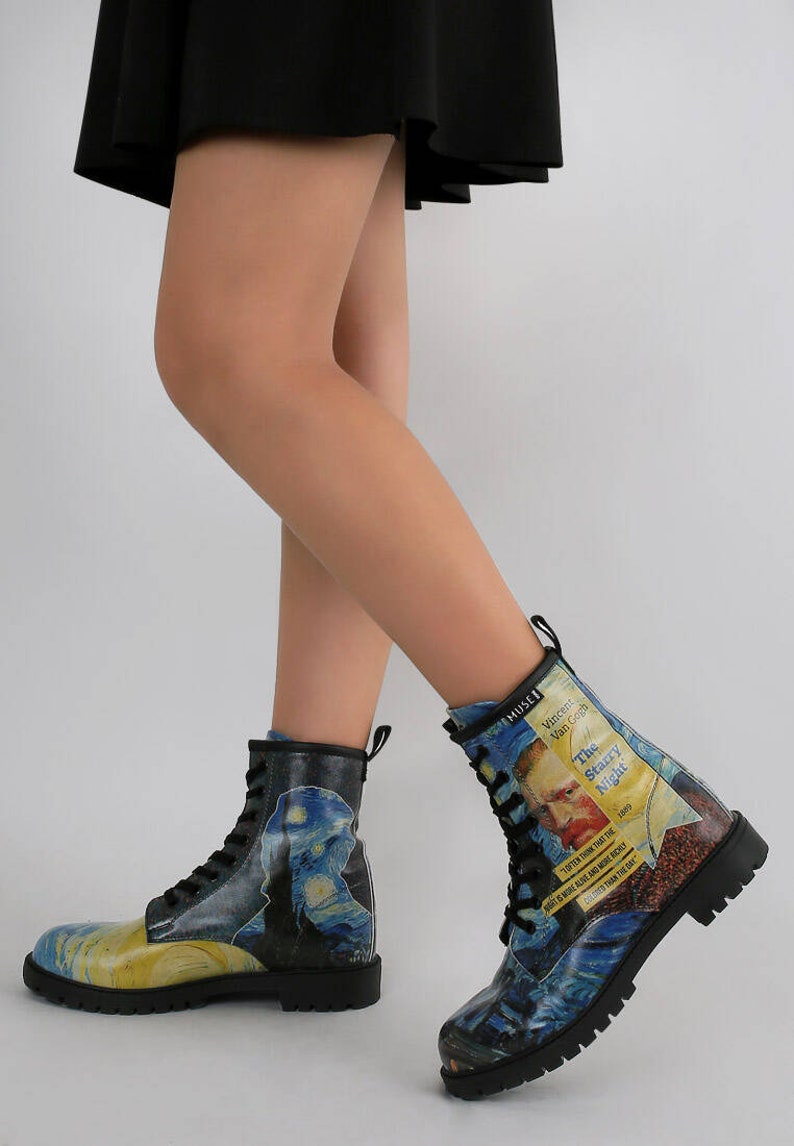 DOGO, Vincent van Gogh, Starry Night, Van Gogh Print, Combat Boots, Custom Boots, Celestial Shoes, Goth Boots, Printed Shoes image 1