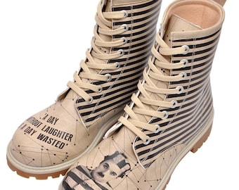 DOGO, Charlie Chaplin Patterned, Custom Boots, Printed Shoes, Custom Painted Shoes, Vegan Shoes, Lace Up Shoes, Long Boots