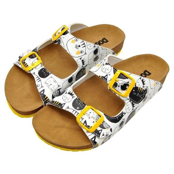 DOGO, Stella Monochrome Cats Design, Women White Slippers, Custom Slippers, Woman Summer Shoes, Printed Shoes, Vegan Leather Slippers