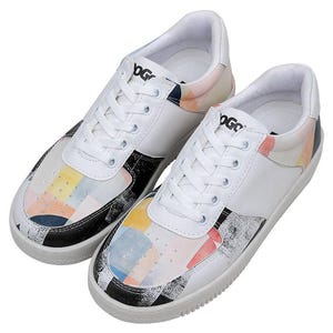 Women Vegan Leather White Sneakers - Geometric Shapes Design
