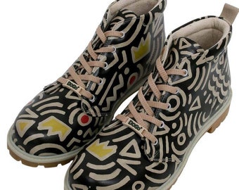 Botines de piel vegana con estampado abstracto, con cordones, hechos a mano.