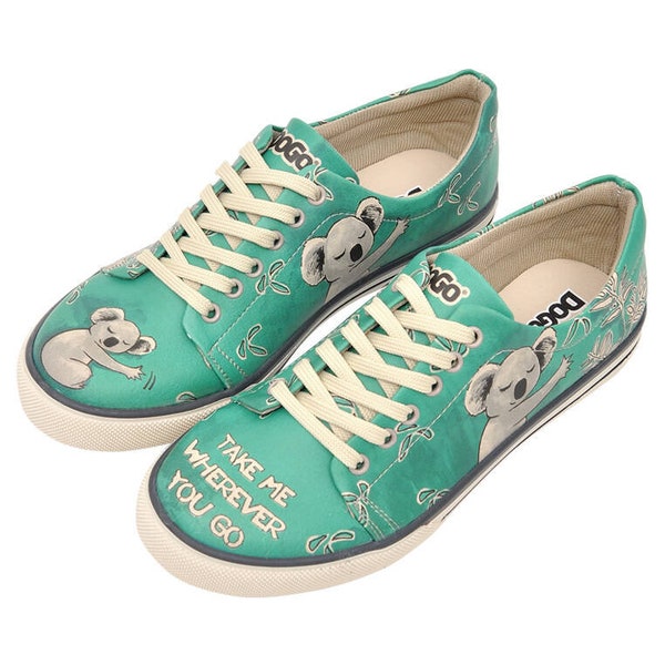 DOGO, baskets personnalisées, chaussures Turquoise, chaussures figurées Koala, chaussures peintes sur mesure, chaussures imprimées à lacets en cuir, Koala Hug