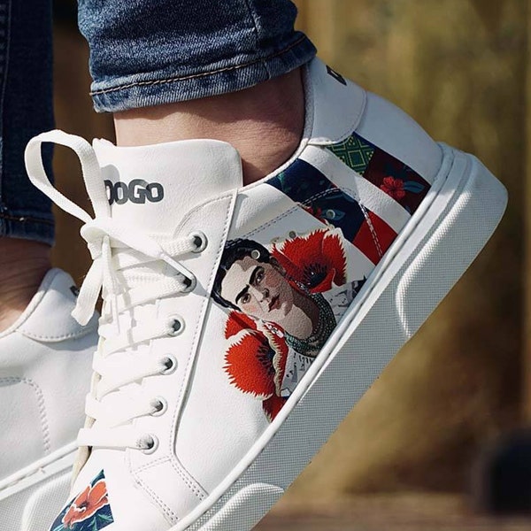 DOGO, Ace, Baskets Frida Kahlo, Viva La Vida, Baskets personnalisées, Baskets à plateforme, Chaussures à lacets en cuir, Chaussures personnalisées, Cuir végétalien