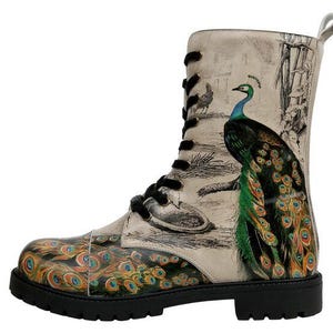 DOGO Platform Boots, Chunky Boots, Custom Painted Shoes, Beige Boots, Leather Lace Up Shoes, Vegan Leather, Dogo Zipsy Gracious Feathers