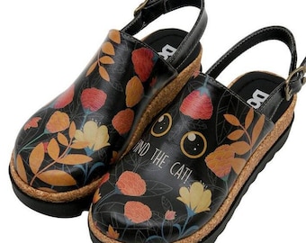 DOGO, Platform Sandals, Cat Figured, Summer Shoes, Leather Sandals, Closed Toe Sandals, Akita Find the Cat Women Sandals