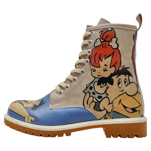 DOGO, Filintstones, dameslaarzen, Warner Bros, gelicentieerde schoenen, Fred Flintstone and Pebbles, aangepaste laarzen, handgeschilderde schoenen, bedrukte schoenen