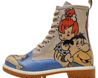 DOGO, Filintstones, Women&#39;s Boots, Warner Bros, Licensed Shoes, Fred Flintstone and Pebbles, Custom Boots, Hand Painted Shoes, Printed Shoes