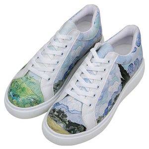 Women Vegan Leather Multicolor Sneakers - Vincent van Gogh A Wheat Field with Cypresses Design