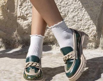 Women Vegan Leather Green Loafers - I Do What I Want Design