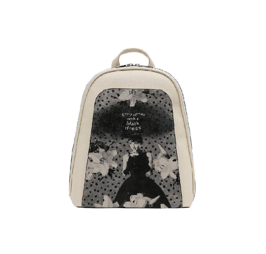 DOGO, White Backpack, Black Dress Design, Women Backpack, Leather Backpack,  School Bag, Printed Bag, Handmade Bag, Custom Bag, - Main Image