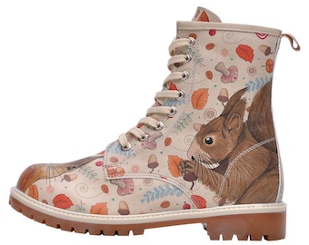 DOGO, Squirrel Patterned, Custom Painted Boots, Combat Boots, Floral Shoes, Printed Shoes, Vegan Shoes, Lace Up Boots, Long Boots