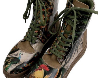 Handmade Printed Lace Up Boots, Unique Vegan Leather Women's Shoes