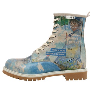 DOGO, Claude Monet Vrouw met parasol Laarzen, gevechtslaarzen, aangepaste laarzen, platformlaarzen, veganistisch leer, leren veterschoenen, muze