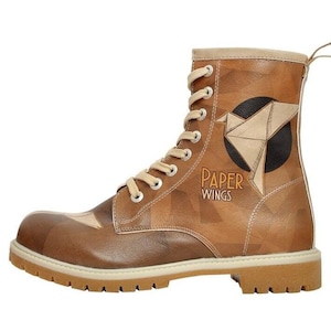 DOGO, Custom Boots, Brown Boots, Platform Boots, Printed Shoes, Combat Boots, Leather Lace Up Shoes, Vegan Shoes, Long Boots Paper Wings