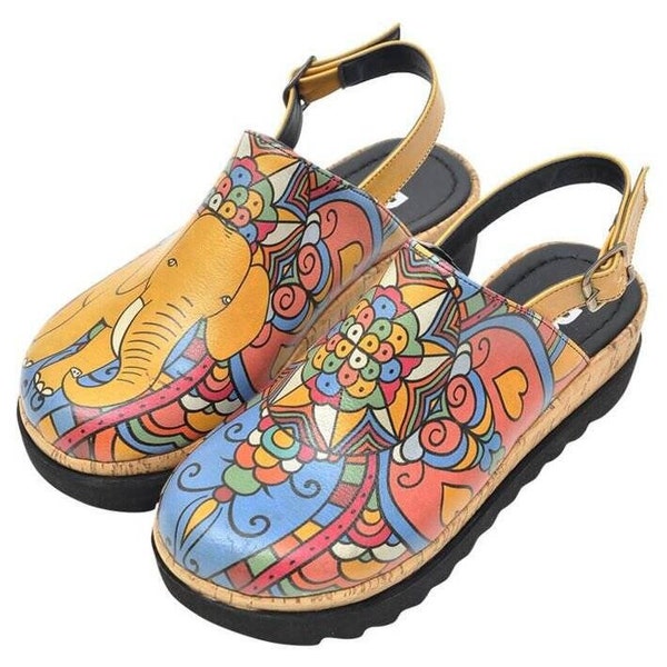 DOGO, Platform Shoes, Elephant Figured, Multicolor Summer Shoes, Closed Toe Sandals, Leather Sandals, Vegan Shoes, Akita India Women Sandals