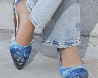 Van Gogh Vegan Leather Pointed Toe Flats, Handmade Balletina Shoes