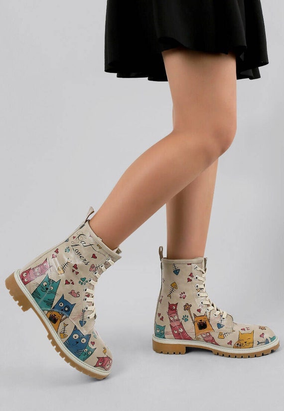 Bottes Femmes Motif Chat - Cuir PU Lacets Talon Bas 2 Cm