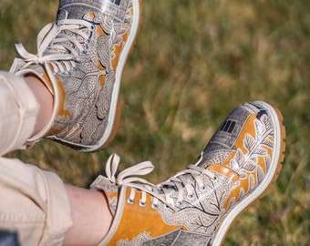 Handmade Printed Vegan Leather Lace Up Boots, Unique Design