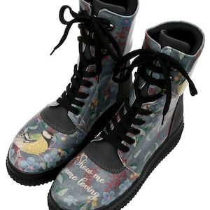 DOGO, Future Boots Show me Lovig, Bird Figured, Black Ankle Boots, Hand made, Vegan, Custom Printed, Floral Women&#39;s Boots