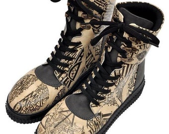 DOGO Handmade Vegan Lace-Up Boots, Deathly Hallows Print