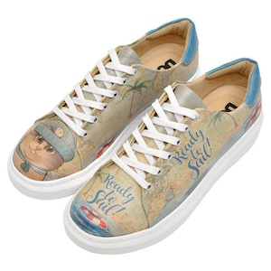 DOGO Myra - Ready to Sail Design, Platform Sneakers, Beige Sneakers, Cat Figured, Custom Shoes, Printed Shoes, Vegan Shoes