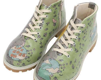 Handmade Vegan Leather Ankle Boots, Floral Earth Design