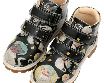 DOGO, Kid's Boot, Cats of Space Design, Boot for Girls, Boot for Boys, Leather Kids Boot, Kid Velcro Boots, Printed Shoes, Handmade Shoes,