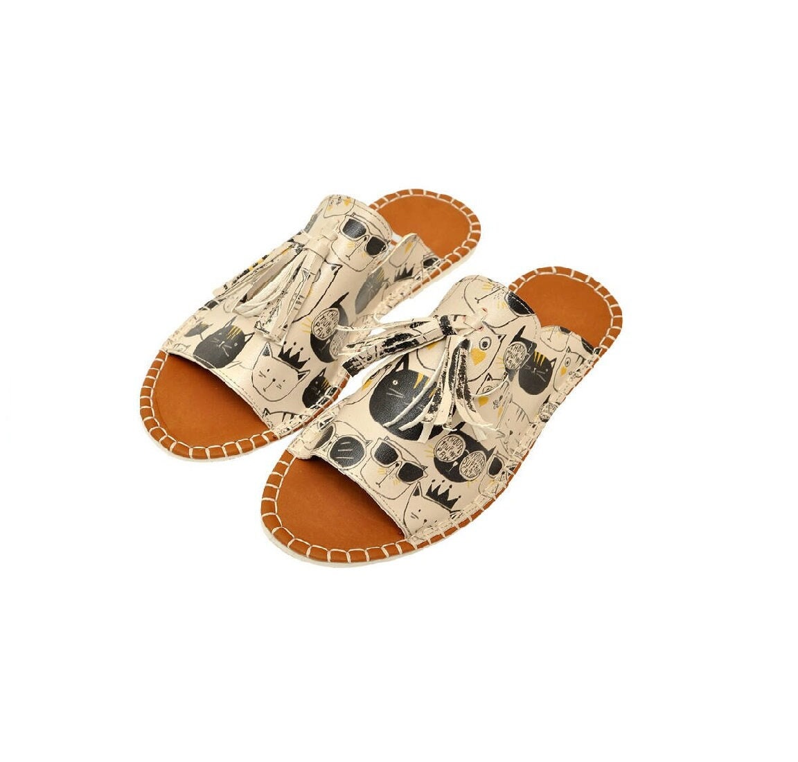 DOGO, Sandals Women, Greek Sandals, Leather Sandals, Cat Figured, Vegan Leather, Printed Sandals, Pine Monochrome Cats