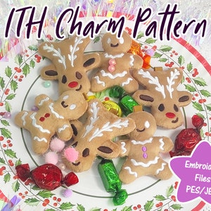May include: A festive arrangement of gingerbread man and reindeer charms on a holiday-themed plate. The charms are tan with white icing details and red accents. The plate is decorated with holly and berries. The text "ITH Charm Pattern" is visible.