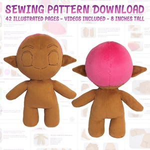 May include: Sewing pattern download for an 8-inch tall plush toy elf with pink hair. The pattern includes 42 illustrated pages and videos.