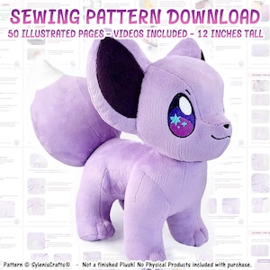 May include: A plush toy in the shape of a purple creature with large ears and a fluffy tail. The toy is approximately 12 inches tall. Text at the top reads "SEWING PATTERN DOWNLOAD". The pattern includes 50 illustrated pages and videos.