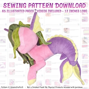 Może przedstawiać: Wzór krawiecki do pobrania dla pluszowej zabawki w kształcie różowo-fioletowo-zielonego stworzenia z ogonem syreny. Tekst głosi SEWING PATTERN DOWNLOAD, 65 ILLUSTRATED PAGES, VIDEOS INCLUDED, 12 INCHES LONG, oraz Pattern © SylenisCrafts®.