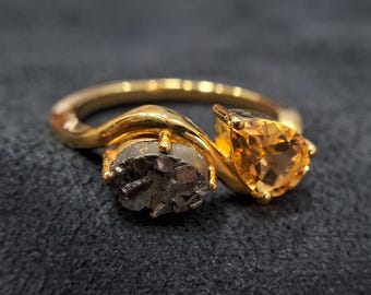 Natural Citrine and Raw Pyrite Toi Et Moi Ring: Gold Plated Sterling Silver