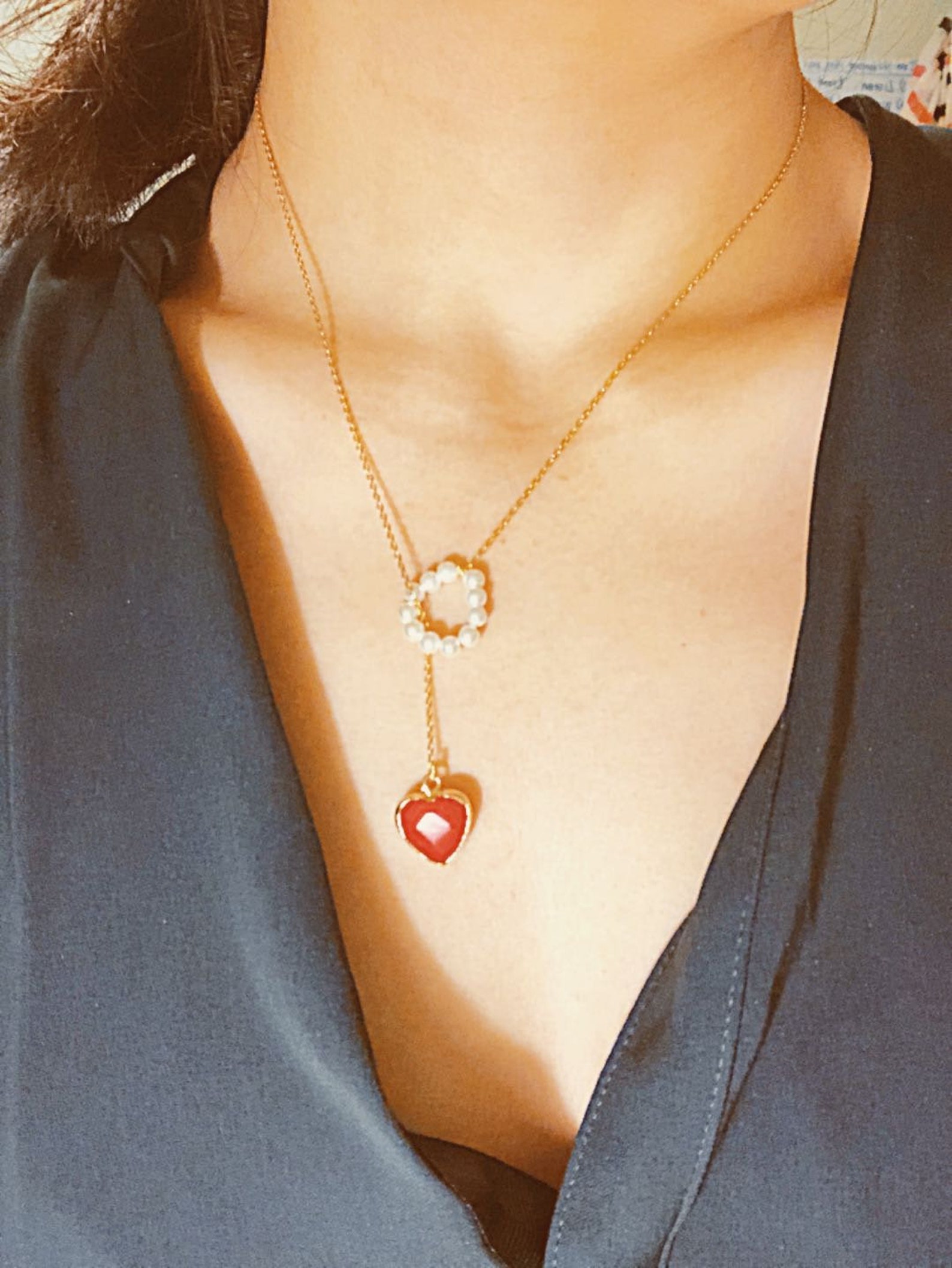 Heart Drop Necklace Lariat Necklace Dainty Pearl Circle - Etsy