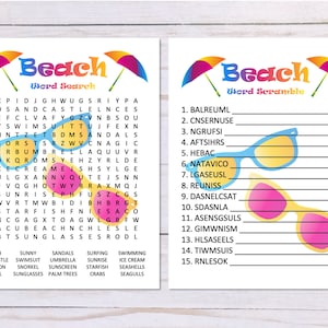 Set of 2 Beach Word Games, Word Search and Word Scramble, Beach Party Game Printable, Beach Vacation Game Printable, Summer Digital Download