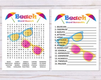 ビーチワードゲーム2種セット、ワードサーチとワードスクランブル、ビーチパーティーゲーム印刷可能、ビーチバケーションゲーム印刷可能、夏のデジタルダウンロード