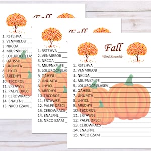 Set of 2 Fall Word Games, Word Search and Word Scramble, Autumn Party ...