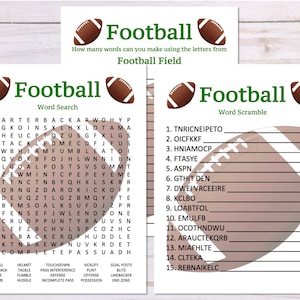 Set of 3 Football Games, Word Search, Word Scramble, Anagram, Football Party Game Printables, Football Printables
