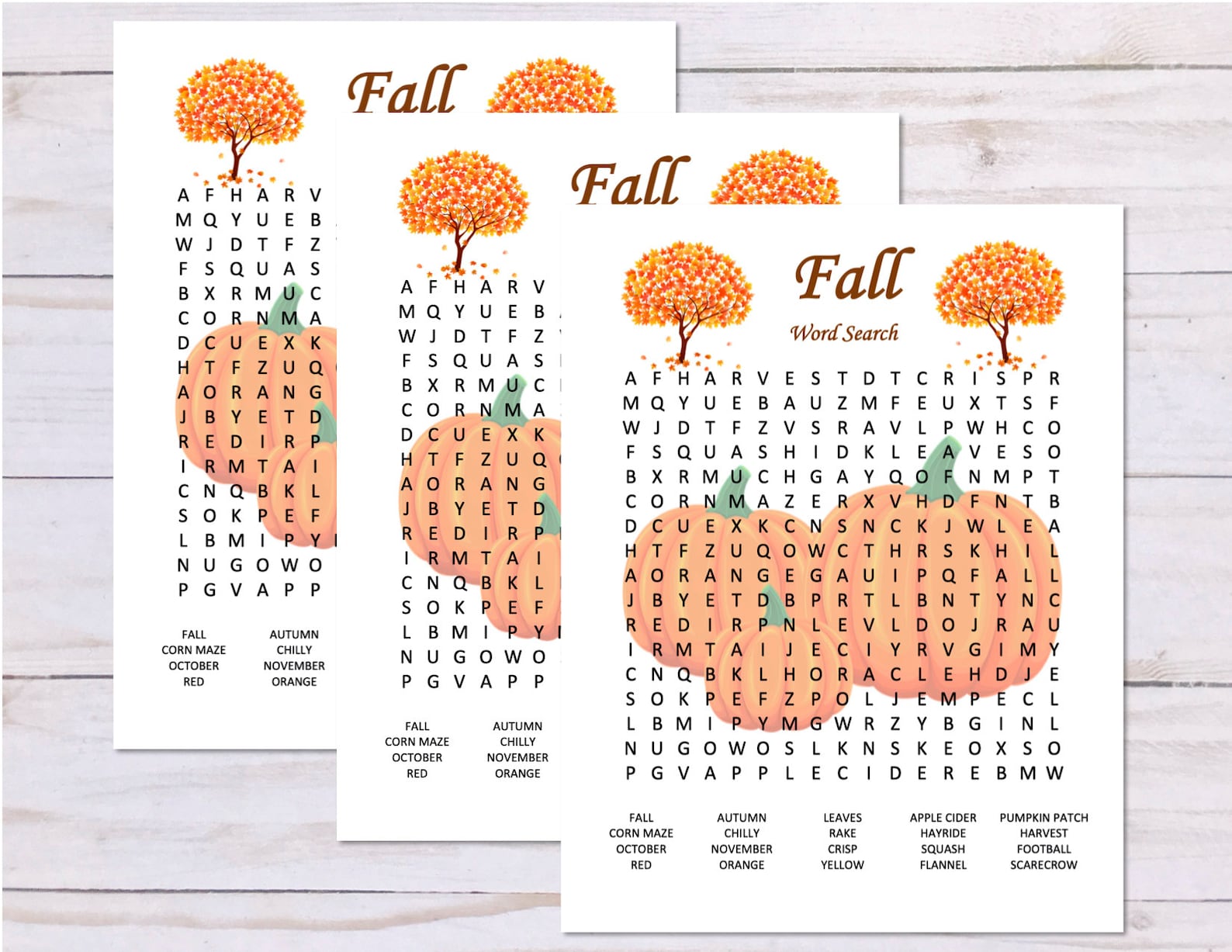 Set of 2 Fall Word Games, Word Search and Word Scramble, Autumn Party ...