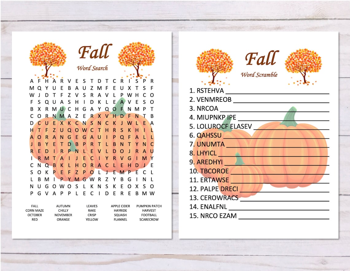 Set of 2 Fall Word Games, Word Search and Word Scramble, Autumn Party ...