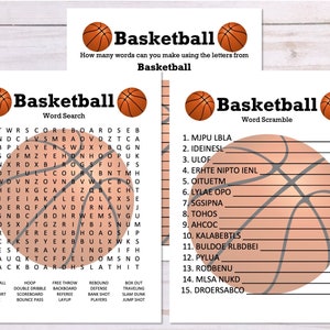 Set of 3 Basketball Games, Word Search, Word Scramble, Anagram, Basketball Party Game Printables, Basketball Printables