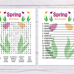 Conjunto de 2 juegos de palabras de primavera, búsqueda de palabras, Word Scramble, imprimibles de juegos de fiesta de primavera, descarga digital de rompecabezas de palabras de primavera