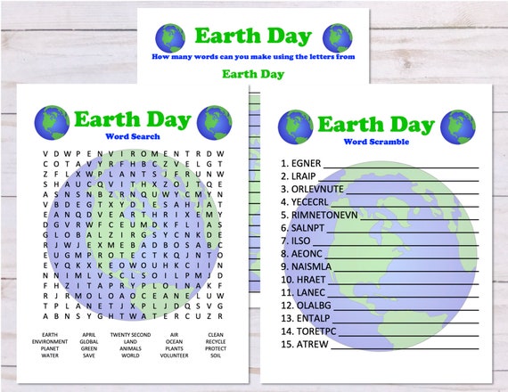 Set of 3 Earth Day Word Games Word Search Word Scramble