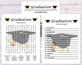 Set van 3 College Graduation Games, Word Search, Word Scramble, Anagram, University Graduation Party Game Afdrukbaar, Afstuderen Afdrukbaar