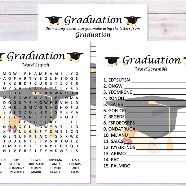 Set of 3 College Graduation Games, Word Search, Word Scramble, Anagram, University Graduation Party Game Printable, Graduation Printable