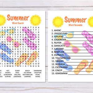 Juego de 2 juegos de palabras de verano, sopa de letras y sopa de letras, juego imprimible para fiesta de verano, imprimible para vacaciones de verano, descarga digital de verano