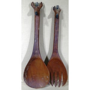 Vintage Wooden Spoon Fork Zebra Pair Kenya Artisan Hand Carved Painted Wood